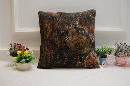 Handmade Turkish Rug Pillow Cover: Upcycled Boho Home Decor (16x16 inc)