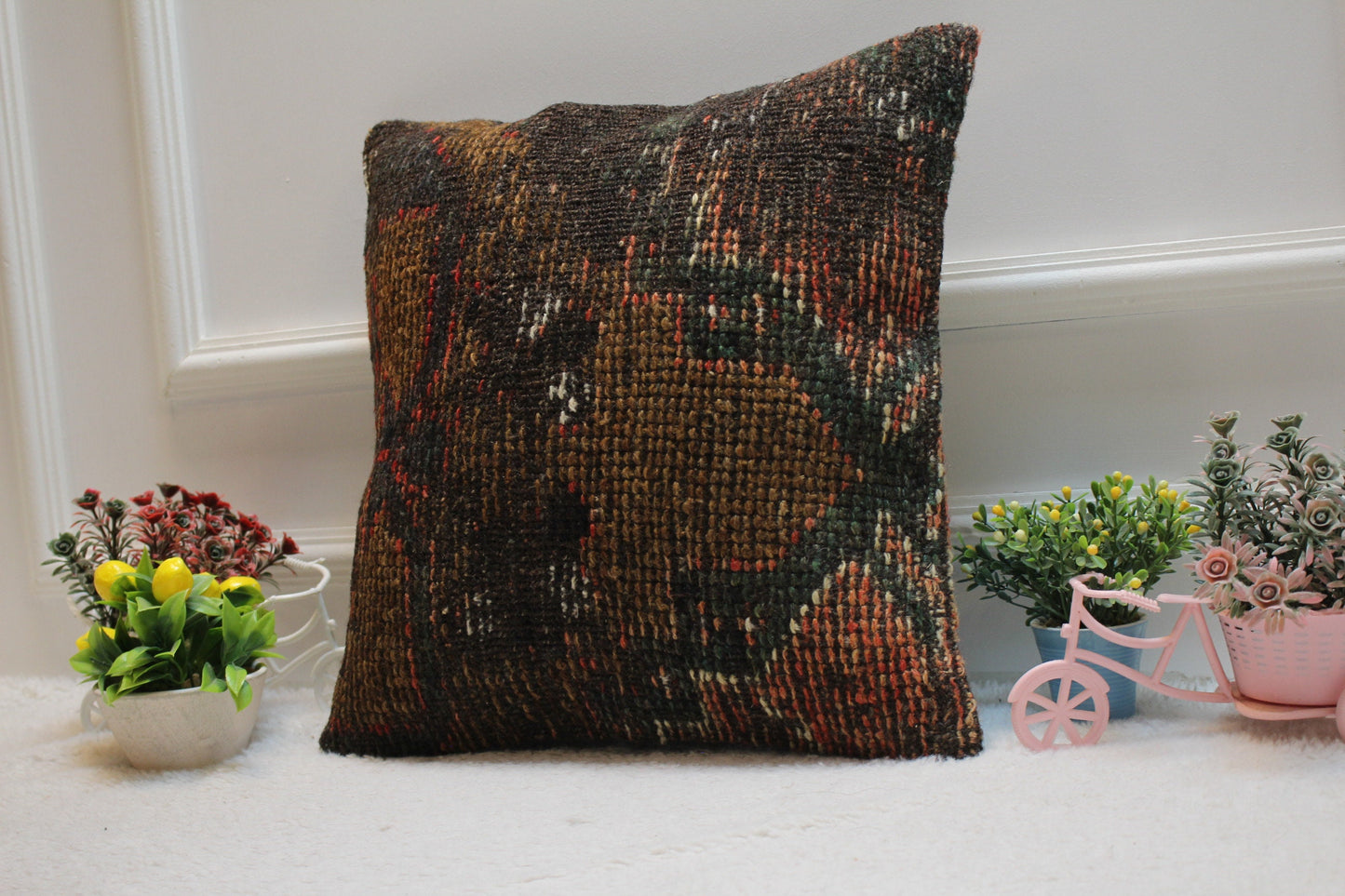 Handmade Turkish Rug Pillow Cover: Upcycled Boho Home Decor (16x16 inc)