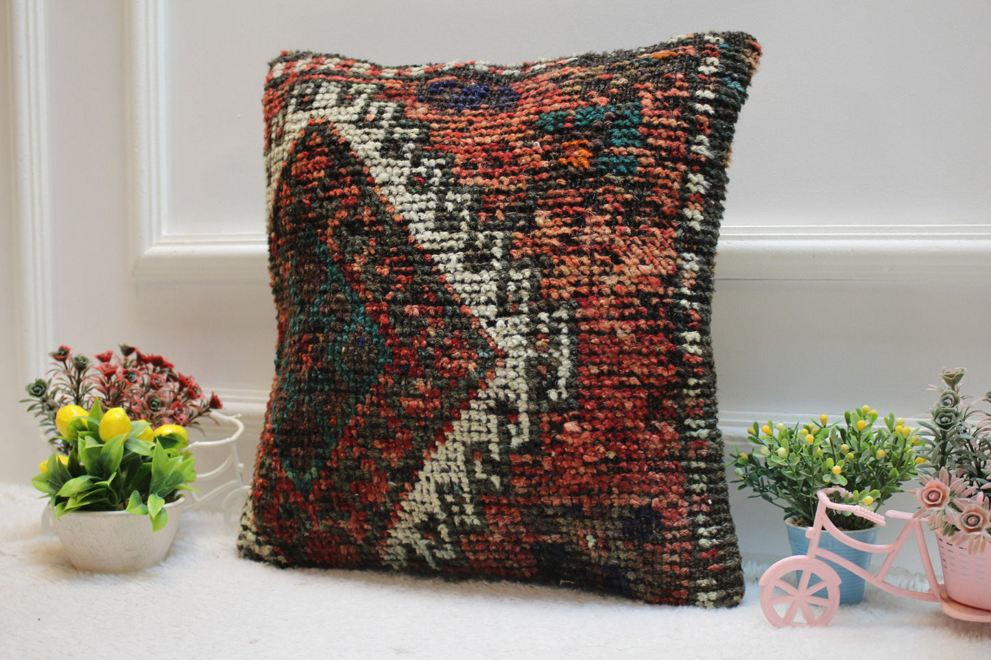 Handmade Turkish Rug Pillow Cover: Vintage Wool Throw Pillow (16x16 inc.)