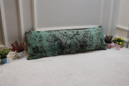 Handmade Green & Black Lumbar Pillow Cover: Upcycled Rug, Boho Decor (12x36 inc)