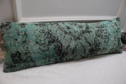 Handmade Green & Black Lumbar Pillow Cover: Upcycled Rug, Boho Decor (12x36 inc)