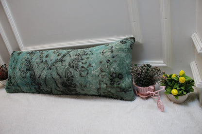 Handmade Green & Black Lumbar Pillow Cover: Upcycled Rug, Boho Decor (12x36 inc)
