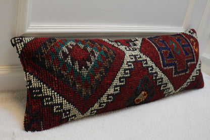 Handmade Kilim Pillow Cover: Upcycled Woven Rug, Bohemian Decor (12x36 in)
