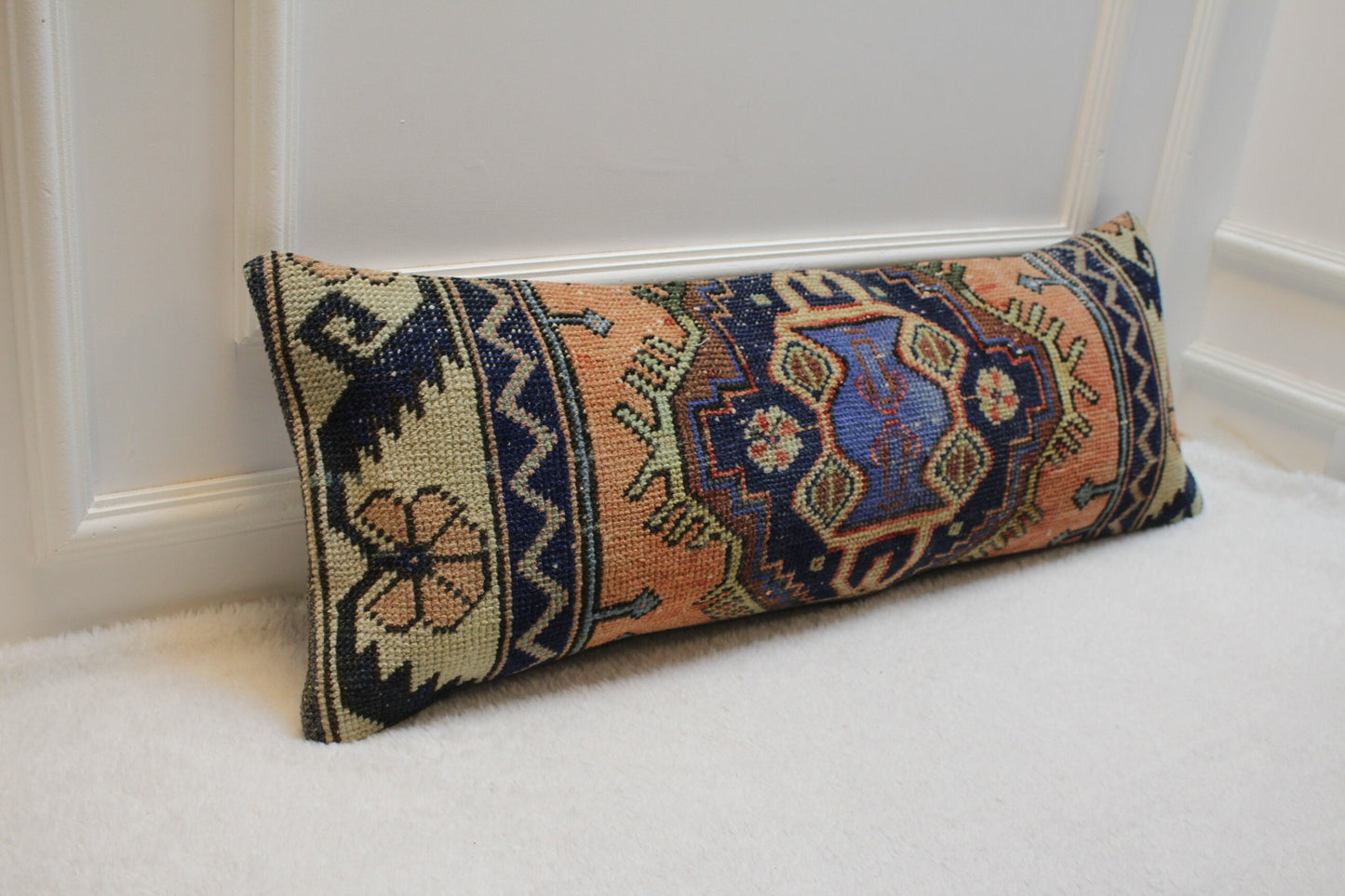 Handmade Kilim Lumbar Pillow Cover: Upcycled Wool Rug, 12x36 inch