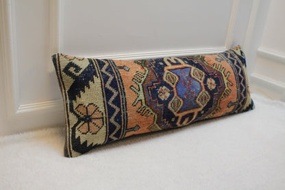Handmade Kilim Lumbar Pillow Cover: Upcycled Wool Rug, 12x36 inch