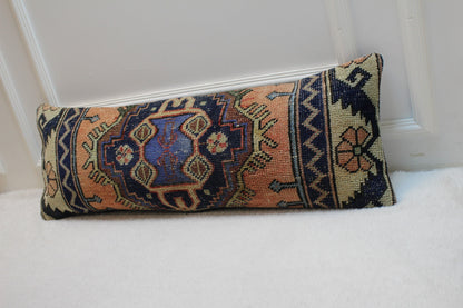 Handmade Kilim Lumbar Pillow Cover: Upcycled Wool Rug, 12x36 inch