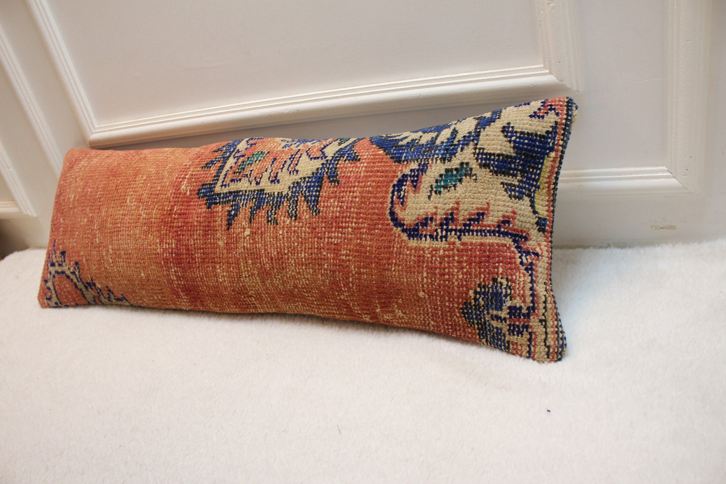 Handmade Kilim Lumbar Pillow Cover: Red Beige Rug Pillow (12x36 inc)