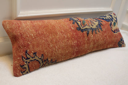 Handmade Kilim Lumbar Pillow Cover: Red Beige Rug Pillow (12x36 inc)