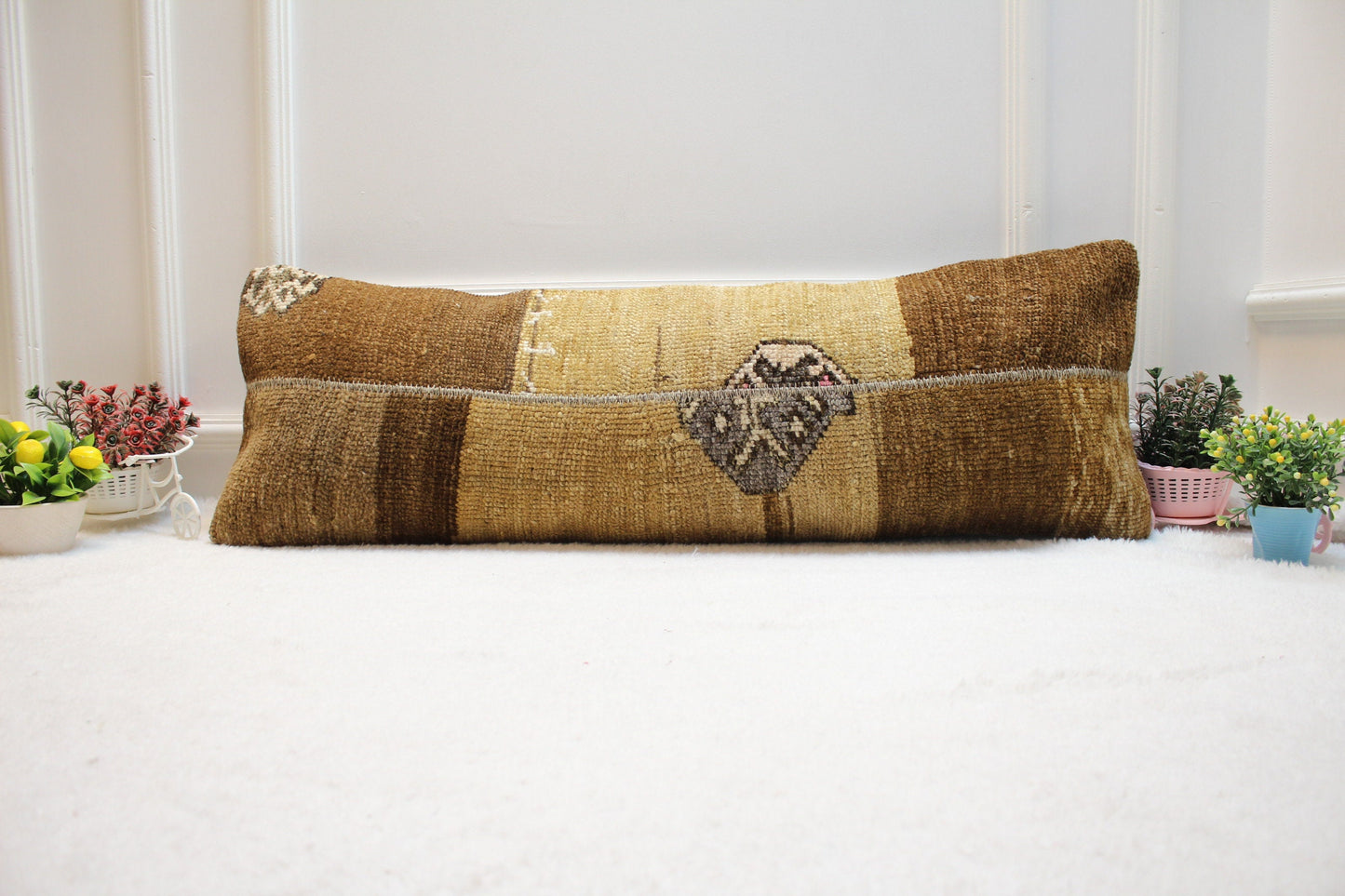 Handmade Patchwork Kilim Lumbar Pillow Cover: Upcycled Rug, 12x36 inch