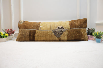 Handmade Patchwork Kilim Lumbar Pillow Cover: Upcycled Rug, 12x36 inch