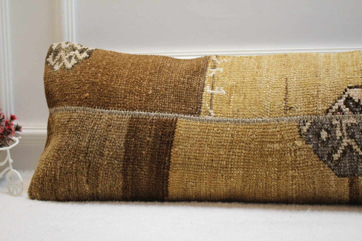 Handmade Patchwork Kilim Lumbar Pillow Cover: Upcycled Rug, 12x36 inch