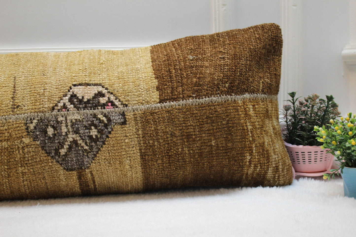 Handmade Patchwork Kilim Lumbar Pillow Cover: Upcycled Rug, 12x36 inch