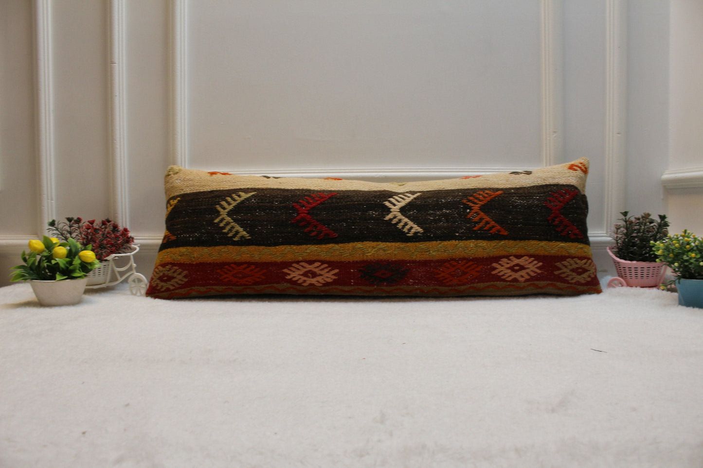 Handmade Kilim Lumbar Pillow Cover: Red & Black Organic Wool (12x36 in)