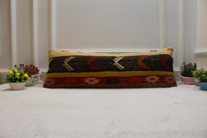 Handmade Kilim Lumbar Pillow Cover: Red & Black Organic Wool (12x36 in)