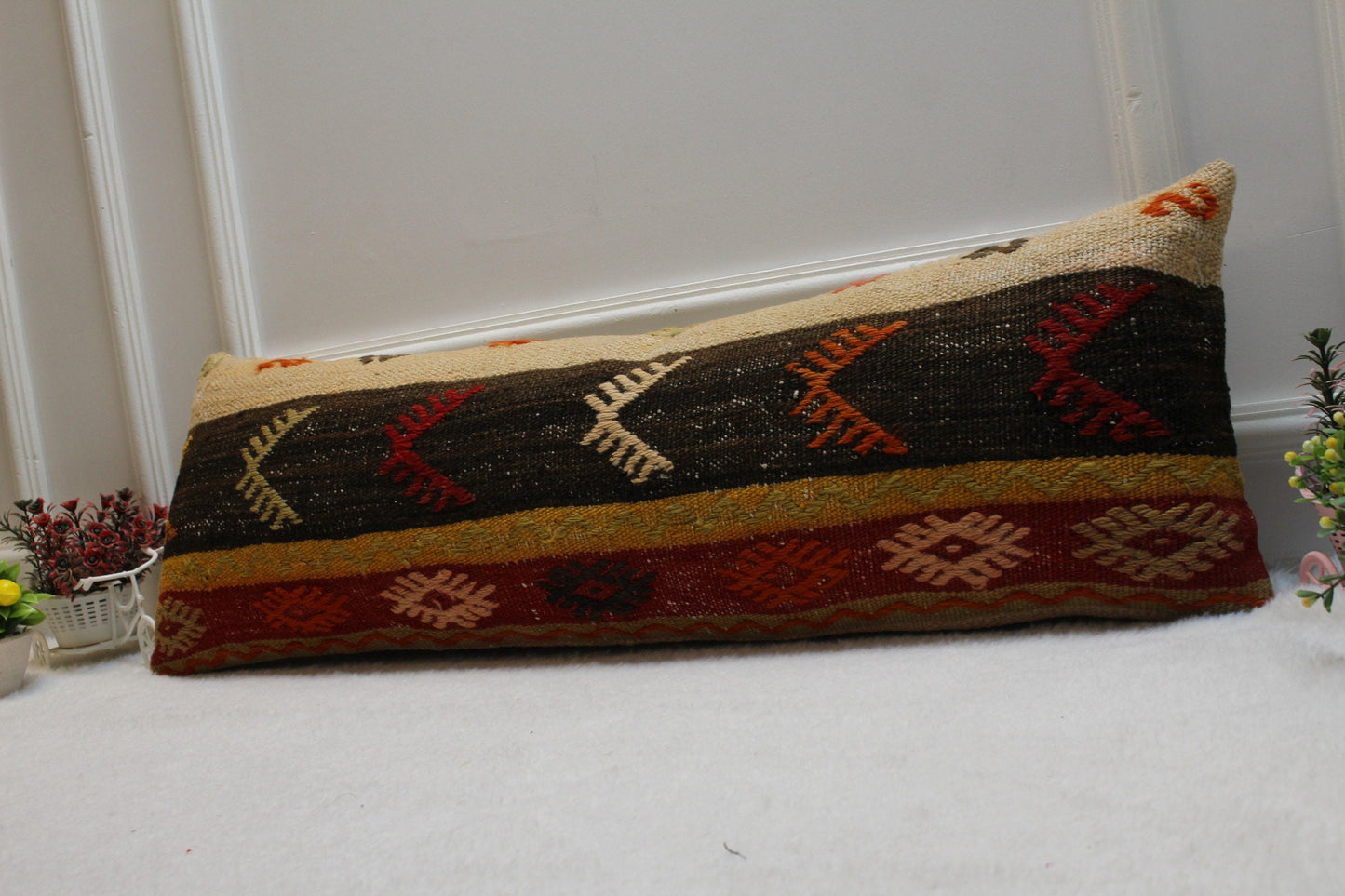 Handmade Kilim Lumbar Pillow Cover: Red & Black Organic Wool (12x36 in)