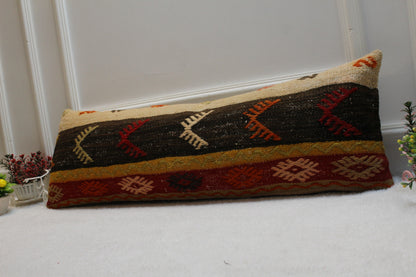 Handmade Kilim Lumbar Pillow Cover: Red & Black Organic Wool (12x36 in)