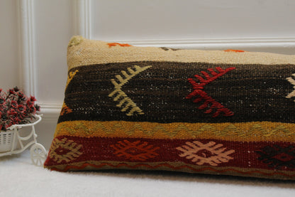 Handmade Kilim Lumbar Pillow Cover: Red & Black Organic Wool (12x36 in)