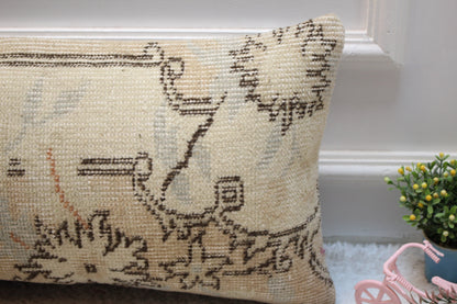 Beige Vintage Turkish Rug Lumbar Pillow Cover: Handmade Wool Pillow (12x24 in)