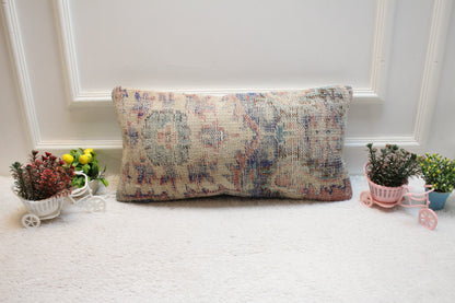 Handmade Turkish Rug Lumbar Pillow Cover: Beige, Blue Wool (12x24 in)