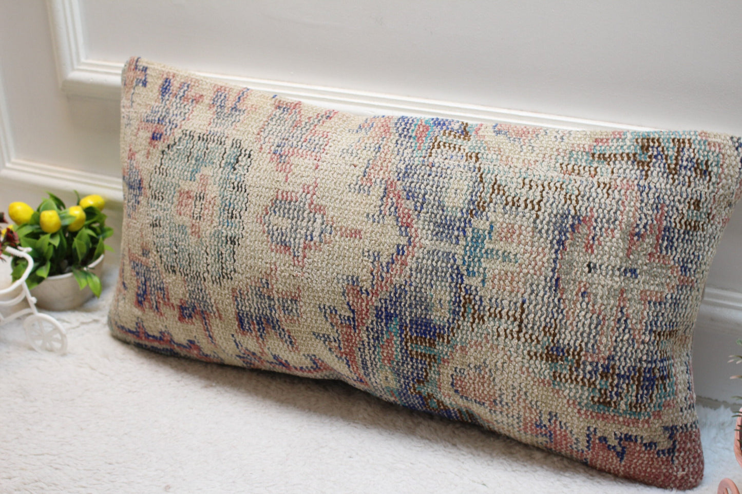 Handmade Turkish Rug Lumbar Pillow Cover: Beige, Blue Wool (12x24 in)