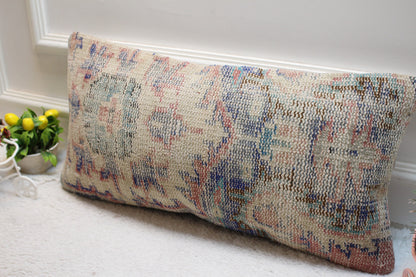 Handmade Turkish Rug Lumbar Pillow Cover: Beige, Blue Wool (12x24 in)