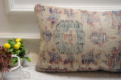 Handmade Turkish Rug Lumbar Pillow Cover: Beige, Blue Wool (12x24 in)