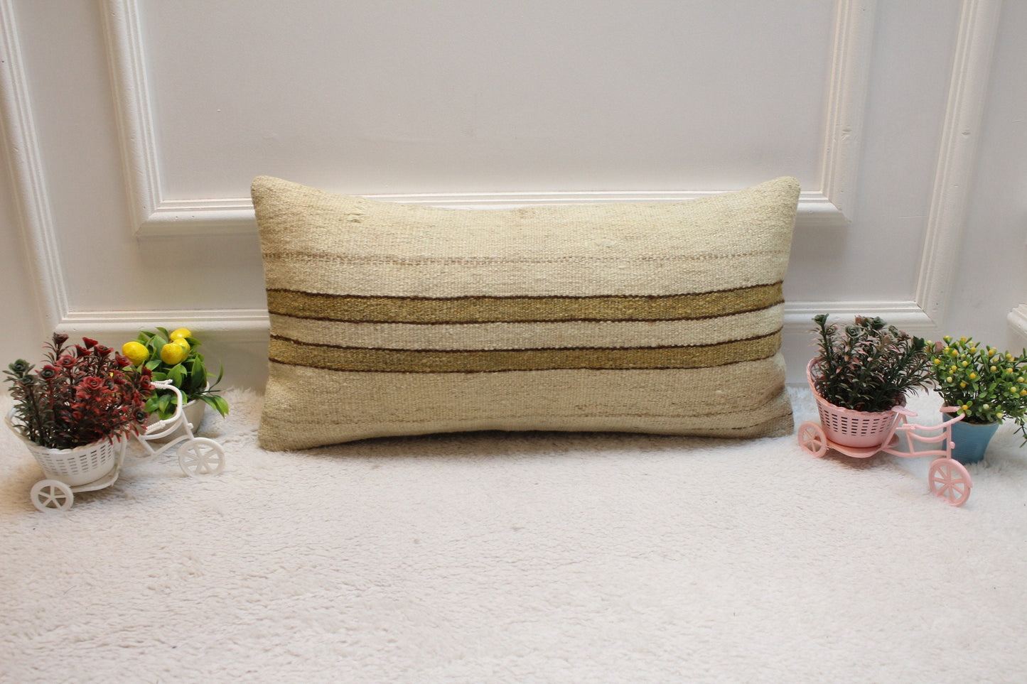 Handmade Striped Kilim Lumbar Pillow Cover: Organic Wool, 12x24 inch