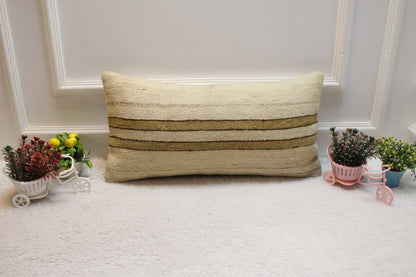 Handmade Striped Kilim Lumbar Pillow Cover: Organic Wool, 12x24 inch
