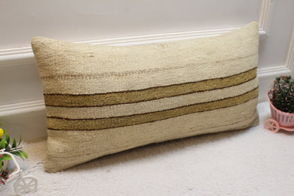 Handmade Striped Kilim Lumbar Pillow Cover: Organic Wool, 12x24 inch