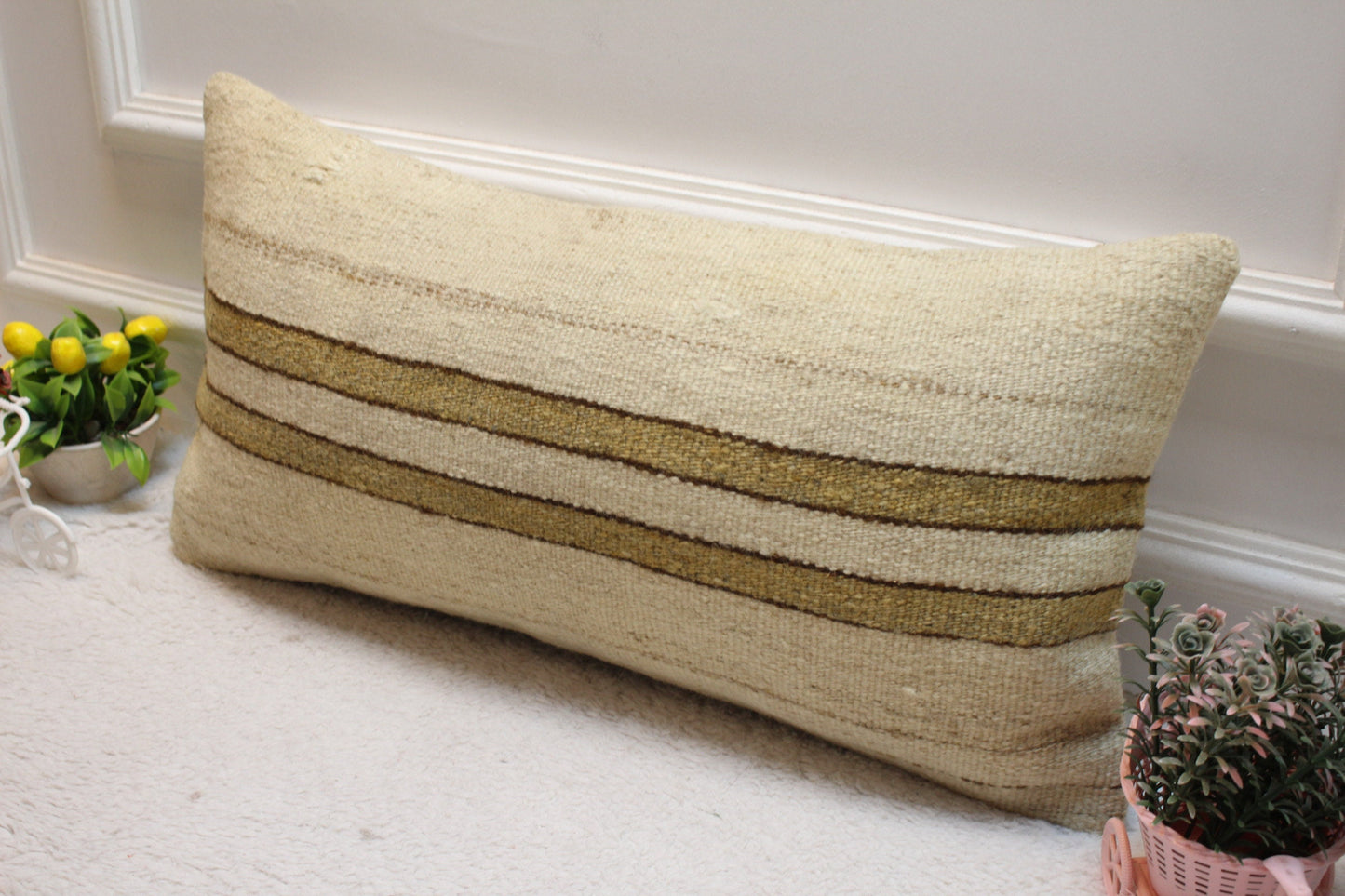 Handmade Striped Kilim Lumbar Pillow Cover: Organic Wool, 12x24 inch