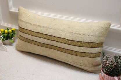 Handmade Striped Kilim Lumbar Pillow Cover: Organic Wool, 12x24 inch