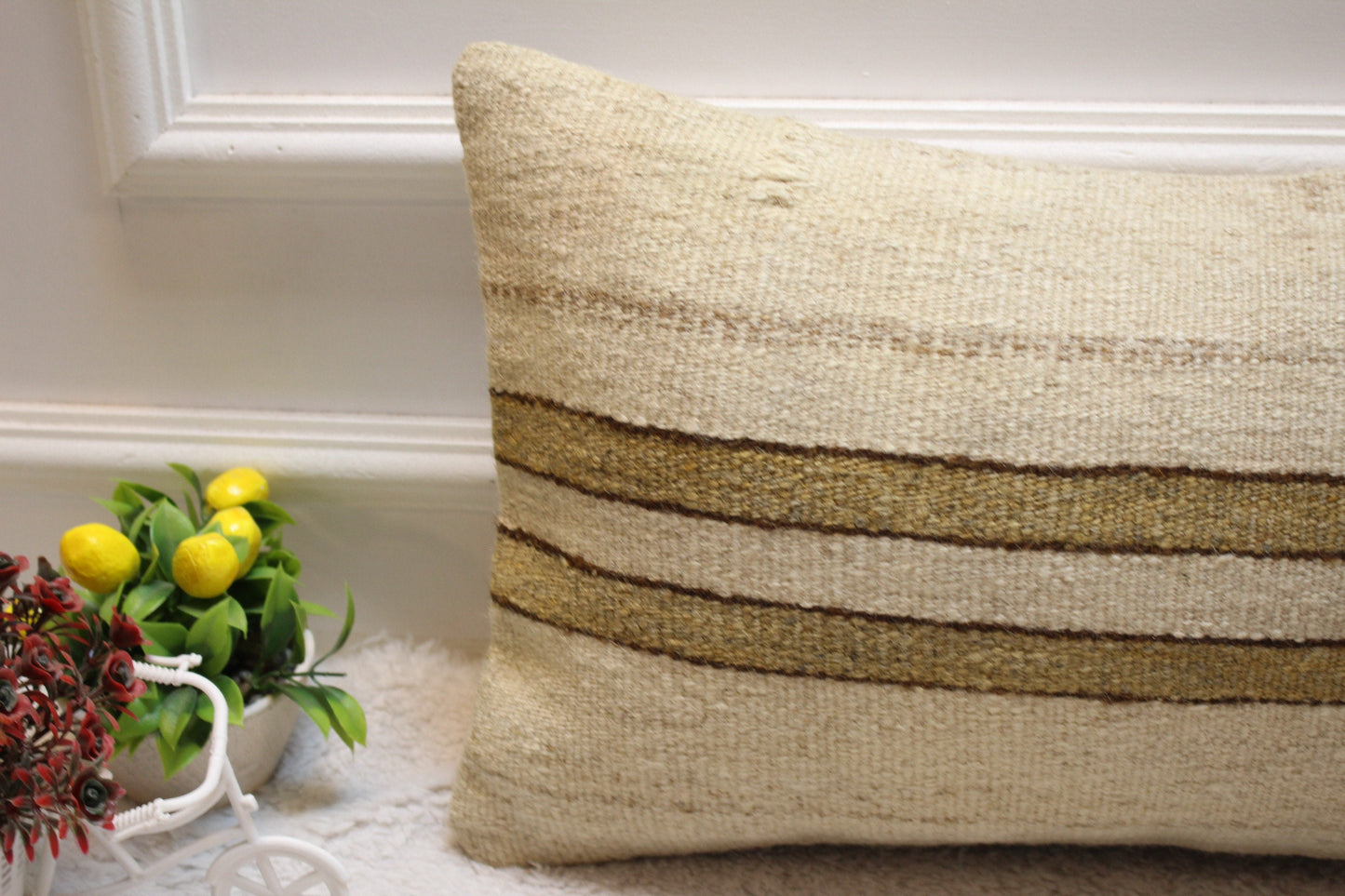 Handmade Striped Kilim Lumbar Pillow Cover: Organic Wool, 12x24 inch