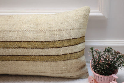 Handmade Striped Kilim Lumbar Pillow Cover: Organic Wool, 12x24 inch