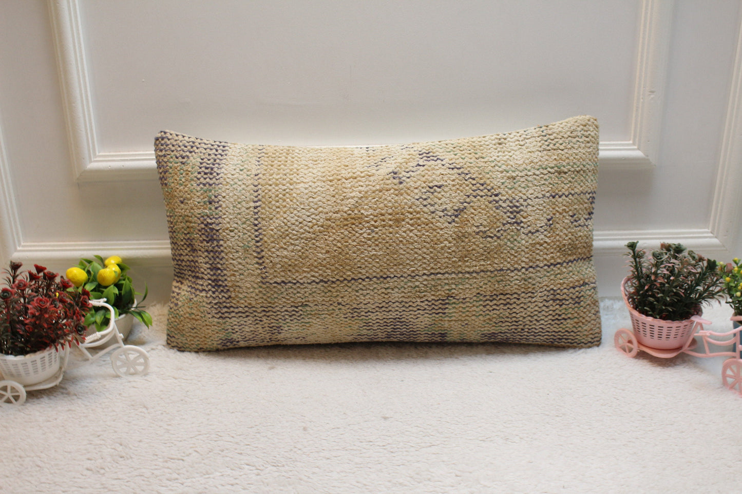 Beige Vintage Turkish Rug Lumbar Pillow Cover: 12x24 inch Wool Kilim Pillow