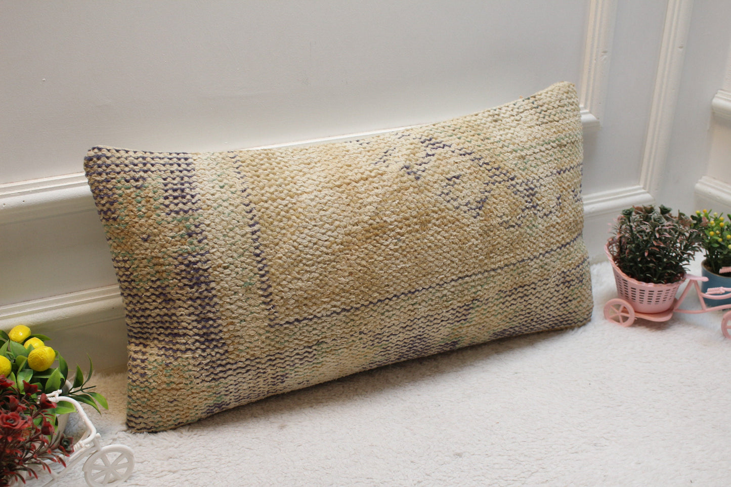 Beige Vintage Turkish Rug Lumbar Pillow Cover: 12x24 inch Wool Kilim Pillow