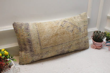 Beige Vintage Turkish Rug Lumbar Pillow Cover: 12x24 inch Wool Kilim Pillow