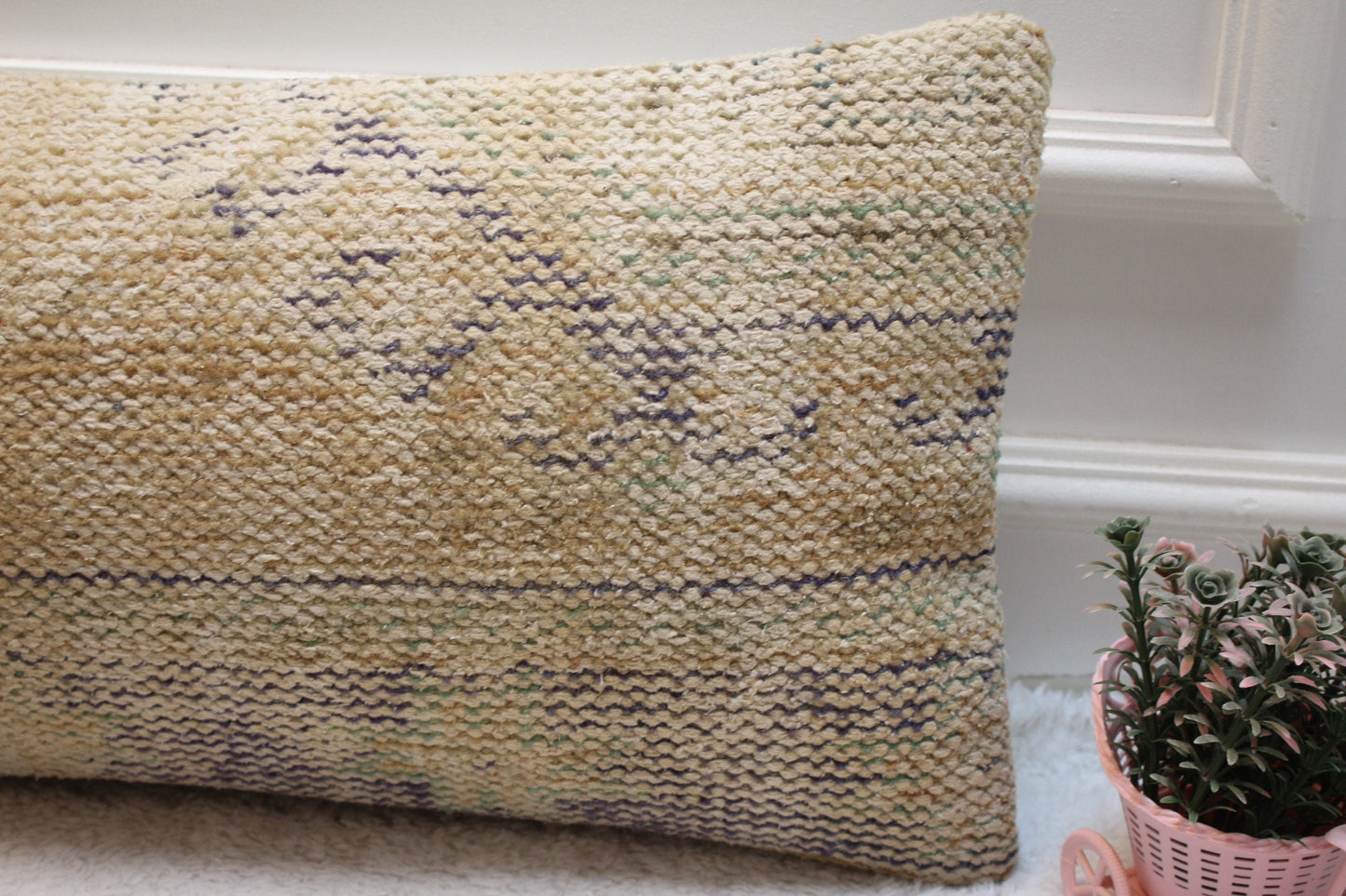 Beige Vintage Turkish Rug Lumbar Pillow Cover: 12x24 inch Wool Kilim Pillow
