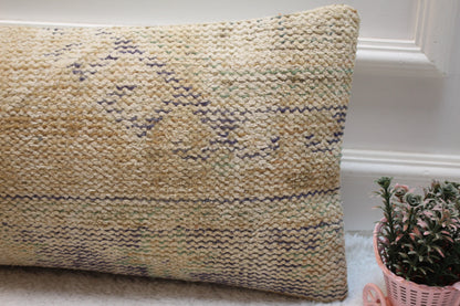 Beige Vintage Turkish Rug Lumbar Pillow Cover: 12x24 inch Wool Kilim Pillow