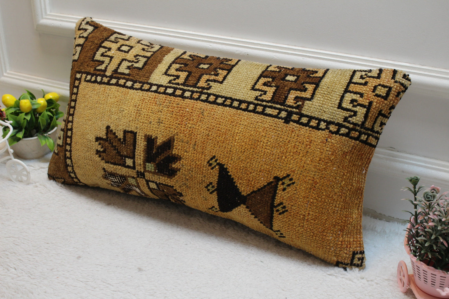Handmade Kilim Lumbar Pillow Cover: Brown Beige Boho Rug Pillow (12x24 inc)