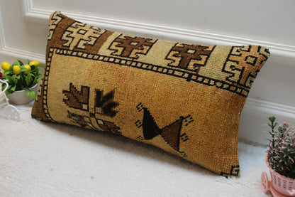 Handmade Kilim Lumbar Pillow Cover: Brown Beige Boho Rug Pillow (12x24 inc)