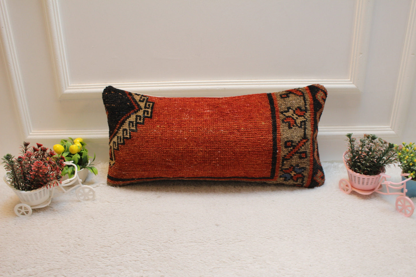 Red Turkish Rug Lumbar Pillow Cover: Vintage Wool, 12x24 inc