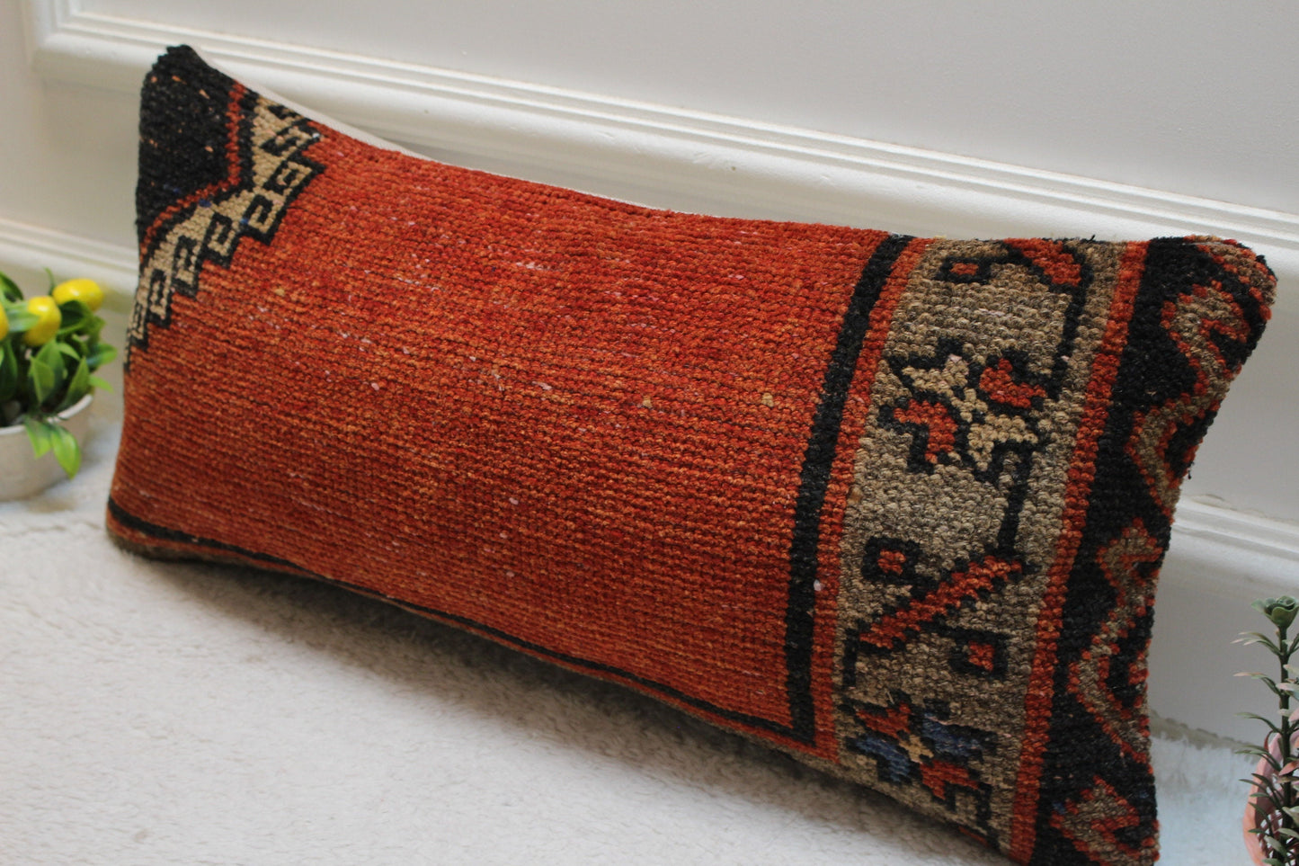 Red Turkish Rug Lumbar Pillow Cover: Vintage Wool, 12x24 inc