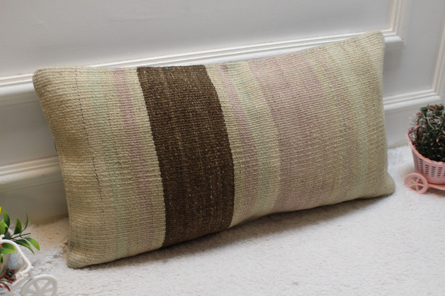 Vintage Turkish Kilim Lumbar Pillow Cover: Beige & Brown, 12x24 inc