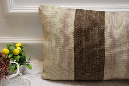 Vintage Turkish Kilim Lumbar Pillow Cover: Beige & Brown, 12x24 inc