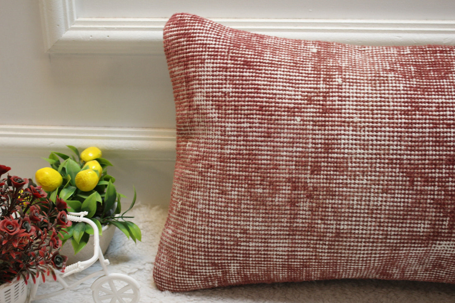 Handmade Red Turkish Rug Pillow Cover: Organic Wool Lumbar Pillow (12x24 in)