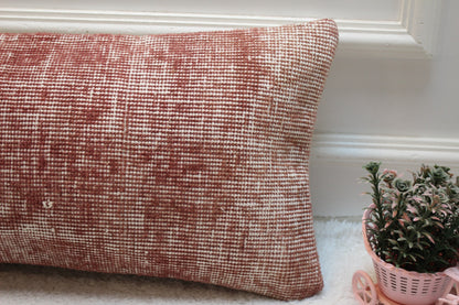 Handmade Red Turkish Rug Pillow Cover: Organic Wool Lumbar Pillow (12x24 in)