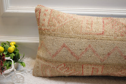 Vintage Turkish Rug Pillow: Red & Beige Woven Wool Lumbar Cover (12x24 in)