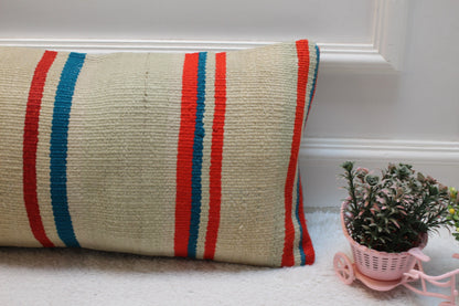Handmade Kilim Pillow Cover: Beige, Red & Blue Turkish Rug Pillow (12x24 in)