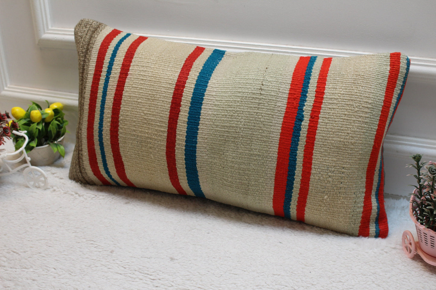 Handmade Kilim Pillow Cover: Beige, Red & Blue Turkish Rug Pillow (12x24 in)