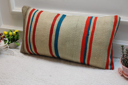 Handmade Kilim Pillow Cover: Beige, Red & Blue Turkish Rug Pillow (12x24 in)